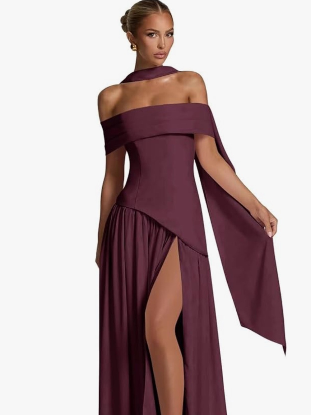 One-Shoulder Burgundy Evening Gown with High Side Slit